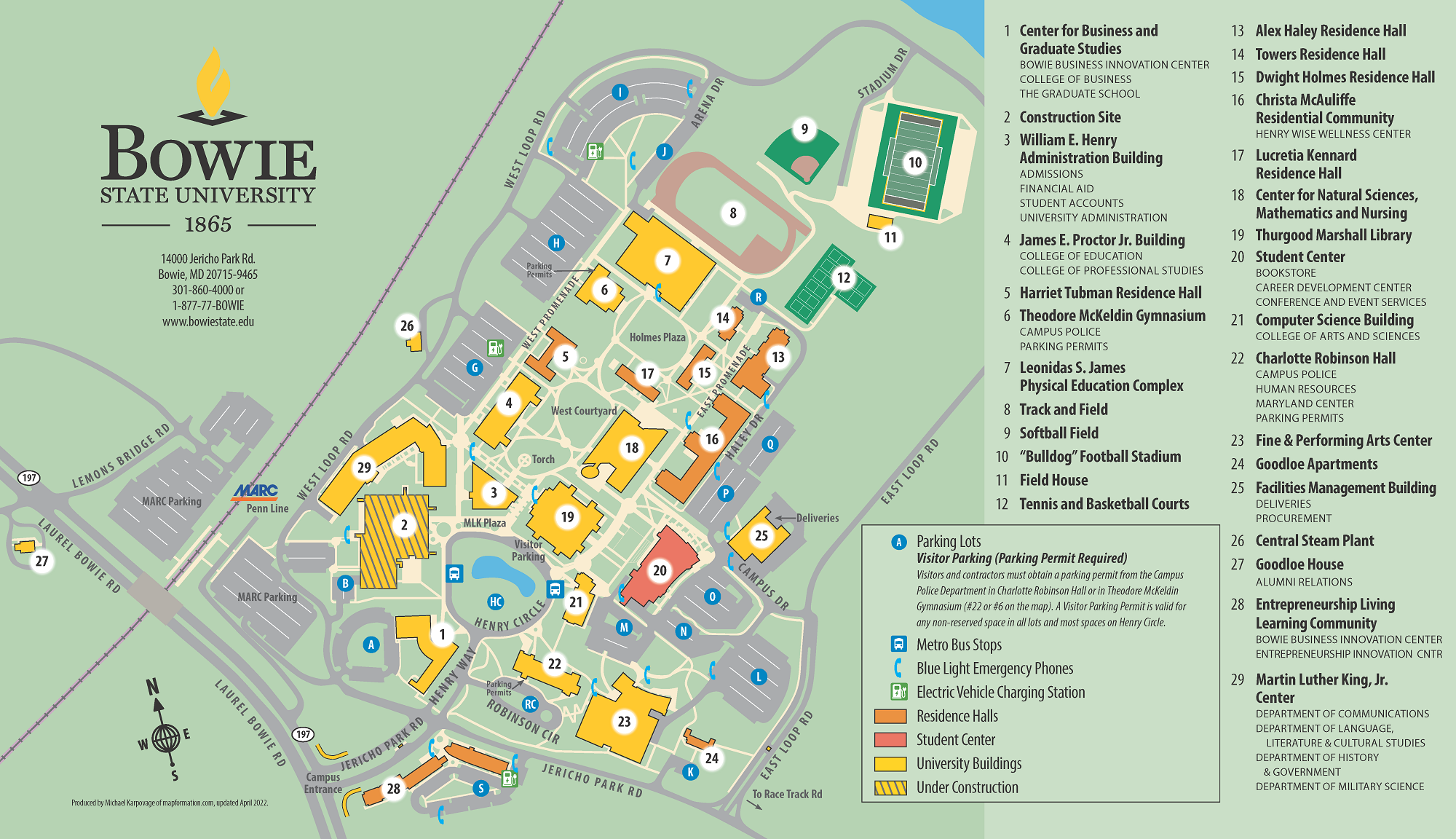 Bowie State University campus map showing parking lots, buildings and the Martin Luther King, Jr. Center